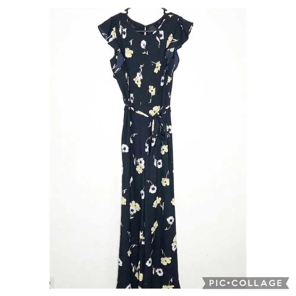 Ann Taylor navy blue yellow white floral jumpsuit size 2
